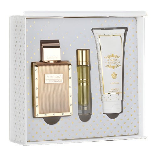 Lattafa The Kingdom – Set de perfumes – EDP 100 ml + Gel 100 ml + Spray de viaje 12 ml