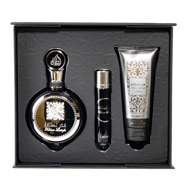 Lattafa Fakhar – Set de perfumes – EDP 100 ml + Gel 100 ml + Spray de viaje 12 ml
