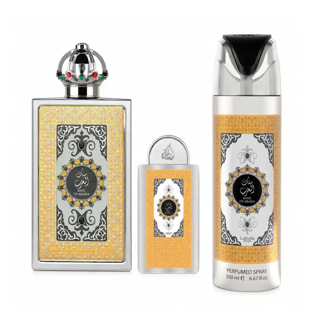 Lattafa King Of Arabia – Set de perfumes – 100 ml EDP + 20 ml + Spray 200 ml