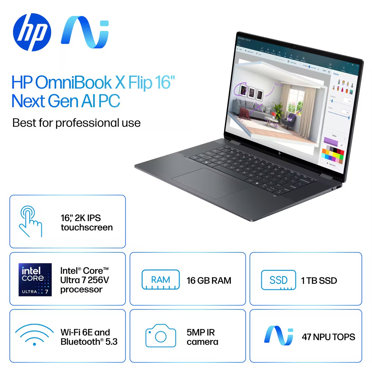 HP OmniBook X Flip 16-AS0023DX Intel Ultra 7256 V – Notebook – 16″ – 1 TB / 16 GB RAM