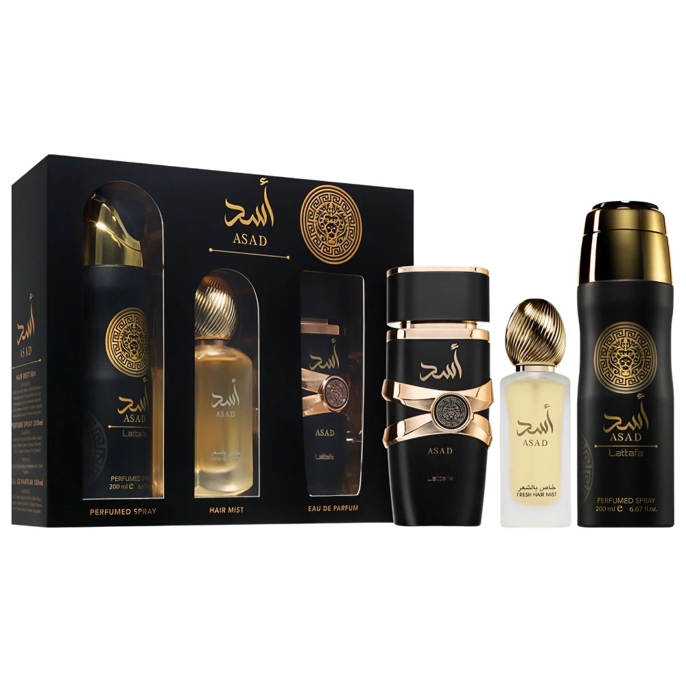 Lattafa Asad – Set de perfumes – EDP 100 ml + Bruma capilar 50 ml + Spray 200 ml