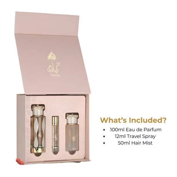 Lattafa Teriaq – Set de perfumes – EDP 100 ml + Bruma capilar 50 ml + Spray de viaje 12 ml