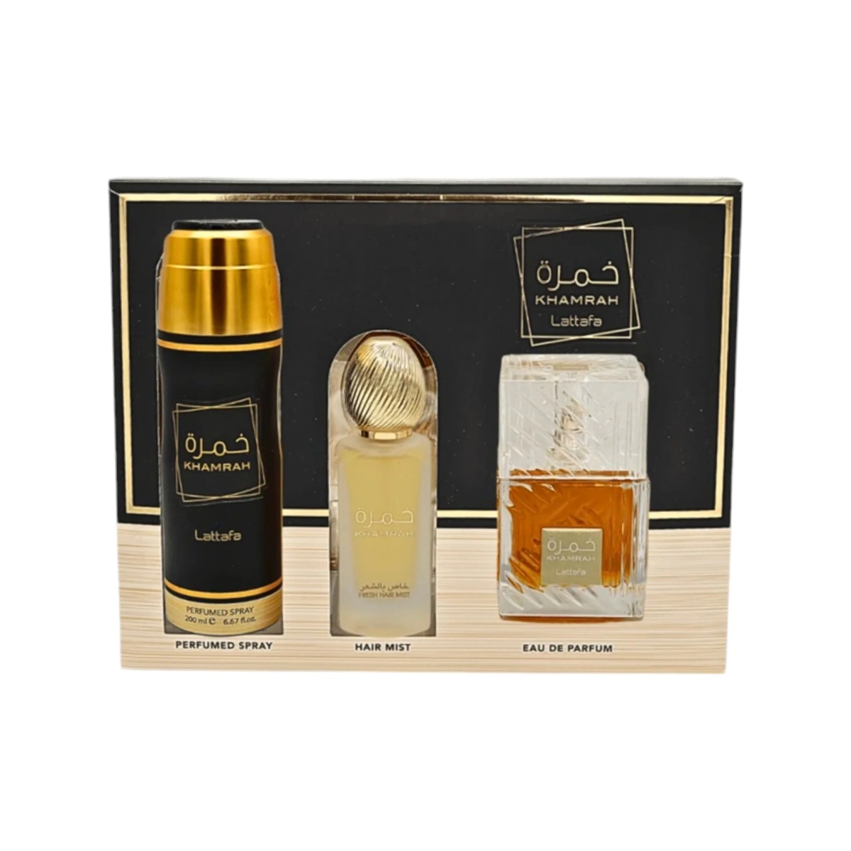 Lattafa Khamrah – Set de perfumes – EDP 100 ml + Bruma capilar 50 ml + Spray de viaje 12 ml