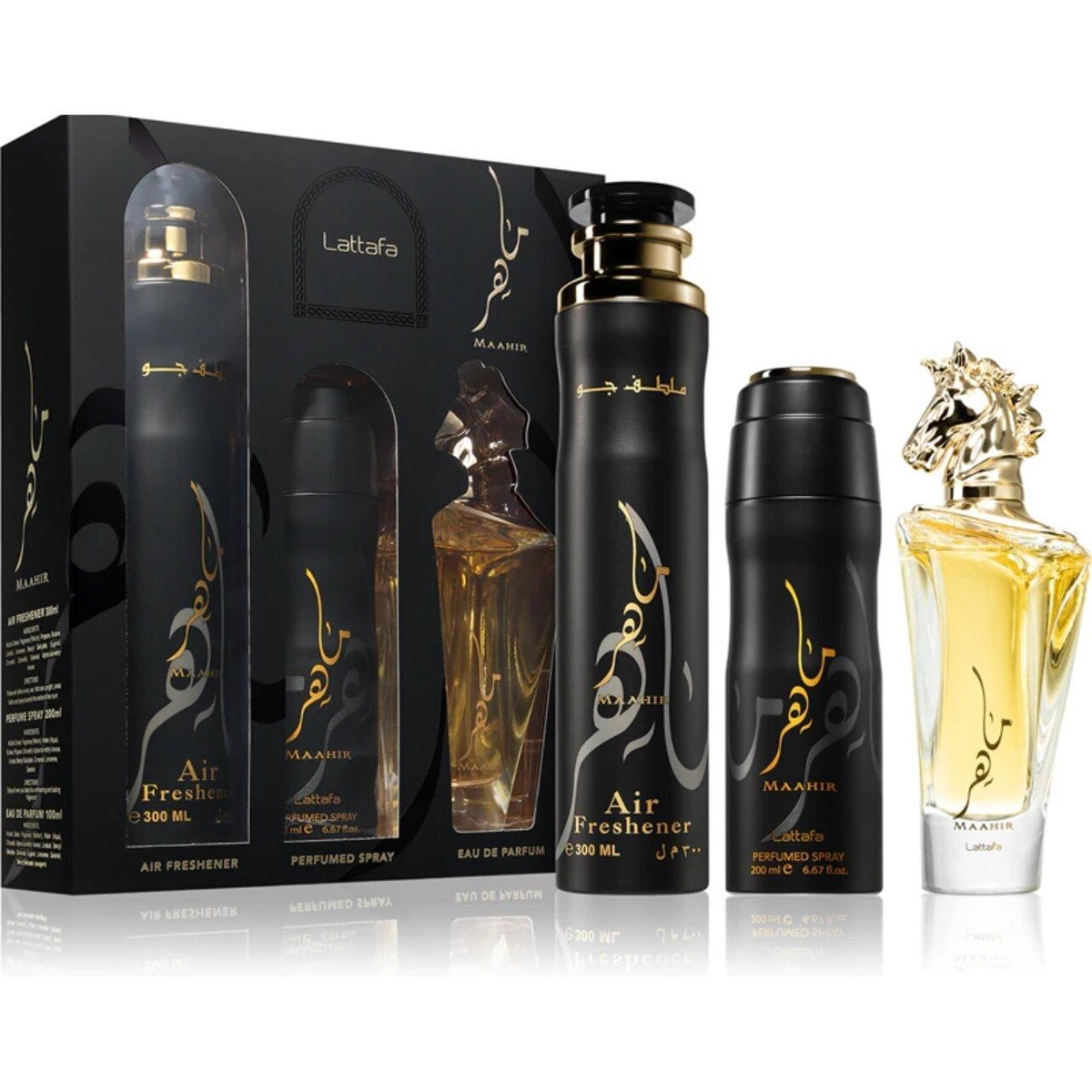 Lattafa Maahir – Set de perfumes – EDP 100 ml + Aromatizante 300 ml + Spray 200 ml